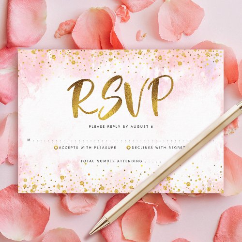 Quinceaera Blush Pink Watercolor Gold Foil Girly  RSVP Card