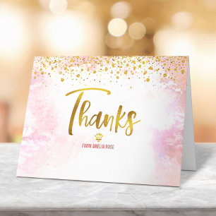 Quinceañera Blush Pink Watercolor Gold Glitter Letterpress Thank You Card