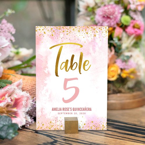 Quinceaera Blush Pink Watercolor Gold Glitter Table Number