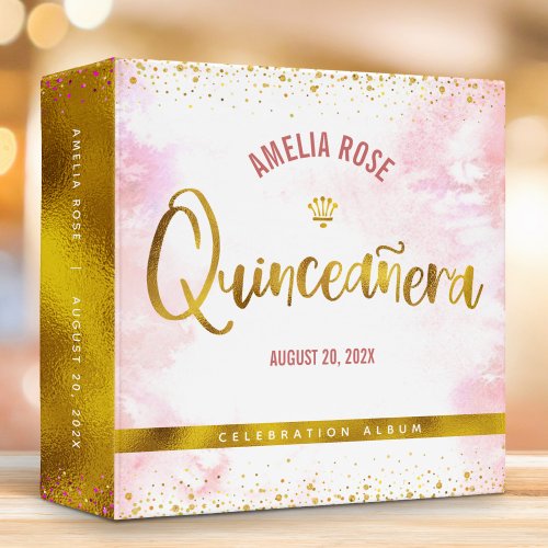 Quinceaera Blush Pink Watercolor Gold Photo Album 3 Ring Binder