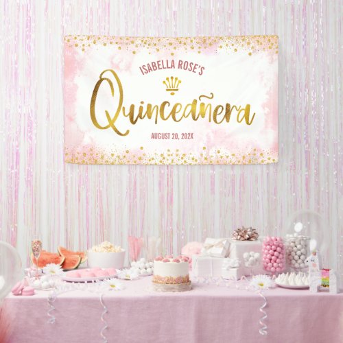 Quinceaera Blush Pink Watercolor Gold Welcome Banner
