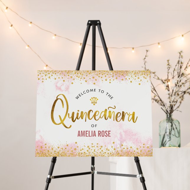 Quinceañera Blush Pink Watercolor Gold Welcome  Foam Board (In Situ (Stand))