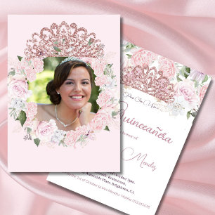 Quinceanera Blush Pink Watercolor Photo Floral Invitation