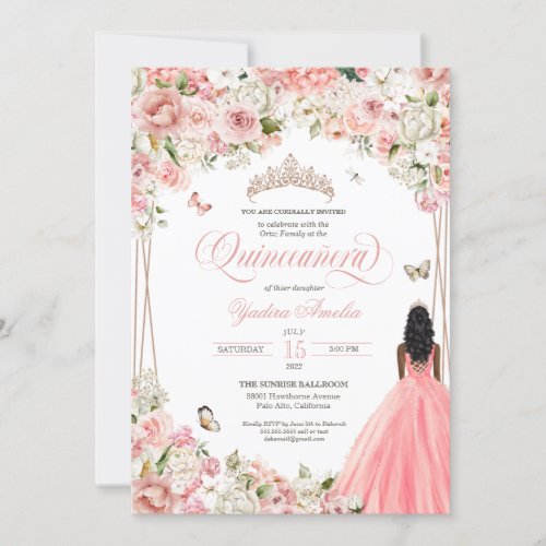 Quinceanera Blush Pink White Floral  Butterfly In Invitation