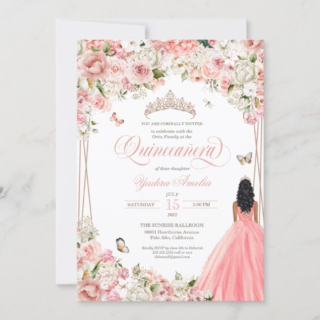 Quinceanera Blush Pink White Floral & Butterfly Invitation (Front)