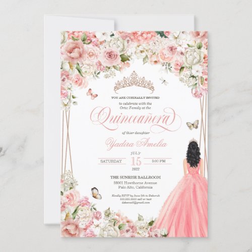 Quinceanera Blush Pink White Floral  Butterfly Invitation