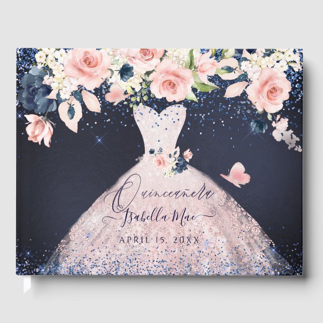 Quinceanera Blush Princess Glitter Gown Confetti G Guest Book (Front)