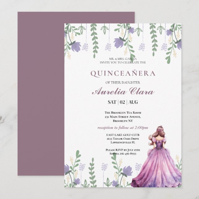 Quinceañera Blush  purple Floral Butterfly  Invitation (Front/Back)