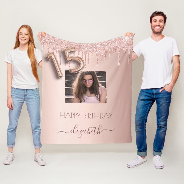 Quinceanera blush rose gold drips photo fleece blanket (In Situ)