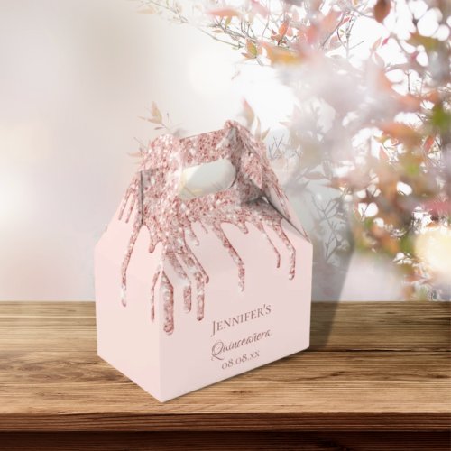 Quinceanera blush rose gold glitter drips name favor boxes