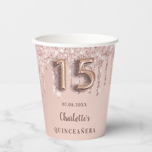 Quinceanera blush rose gold glitter drips name paper cups