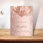 Quinceanera blush rose gold glitter dust photo card<br><div class="desc">A card for a girly and glamorous Quinceañera, 15th birthday. A faux rose gold metallic looking background with rose gold glitter drips, paint dripping look, glitter dust and balloons on the front. The text: The name is written in dark rose gold with a modern hand lettered style script. Template for...</div>