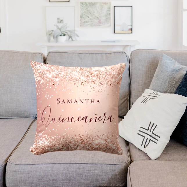 Quinceanera blush rose gold glitter name throw pillow (Creator Uploaded)