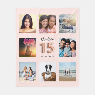 Quinceanera blush rose gold photo collage name fleece blanket