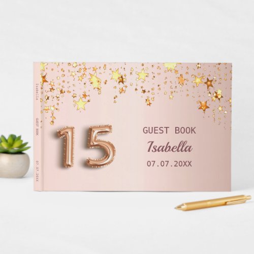Quinceanera blush rose gold stars name guest book