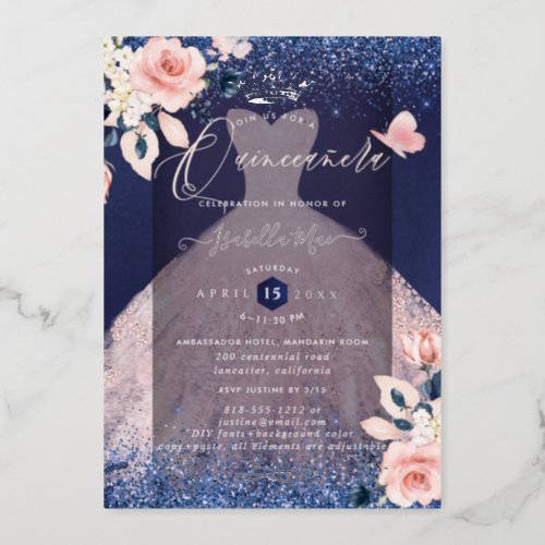 Quinceanera Blush Roses Silver Foil Crown Navy Foil Invitation