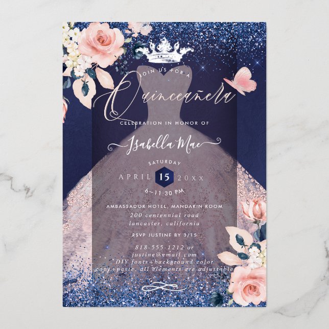 Quinceanera Blush Roses Silver Foil Crown Navy Foil Invitation (Front)