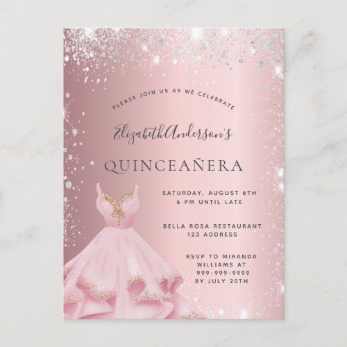 Quinceanera blush silver glitter dust dress invitation postcard
