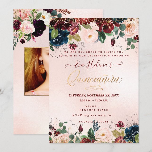 Quinceañera, Blush Watercolor Flowers DIY Sangria Invitation (Front/Back)