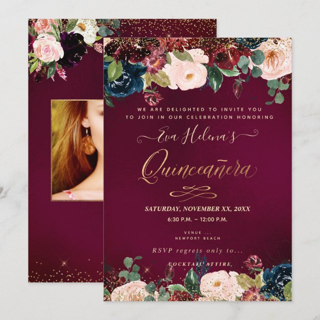 Quinceañera, Blush Watercolor Flowers DIY Sangria Invitation (Front/Back)