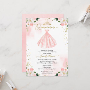 Quinceanera Blush Watercolor Flowers Pink Dress Invitation
