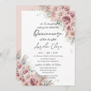 Quinceañera Boho Blush Dusty Rose Floral Pampas Invitation
