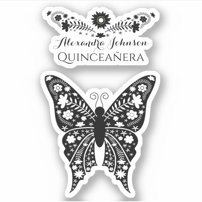 Quinceanera Boho Butterfly Black and White Name Sticker (Front)