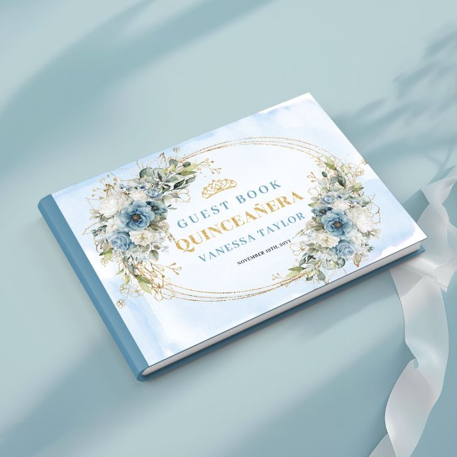 Quinceañera Boho Guest Book Pale Blue Gold Leaves (Quinceañera Boho Guest Book Pale Blue Gold Leaves)