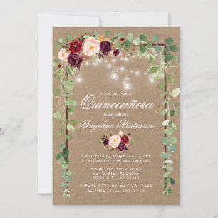 Quinceanera Botanical Floral Wood Frame Kraft Invitation