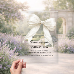 Quinceanera bow ivory pearls elegant luxury acrylic invitations