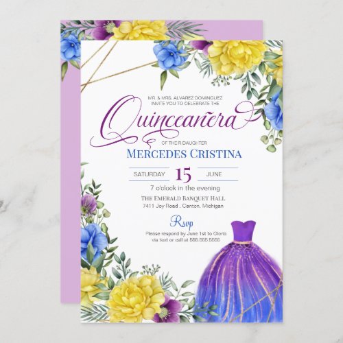 Quinceaera Bright Floral Blue Purple Yellow Party Invitation