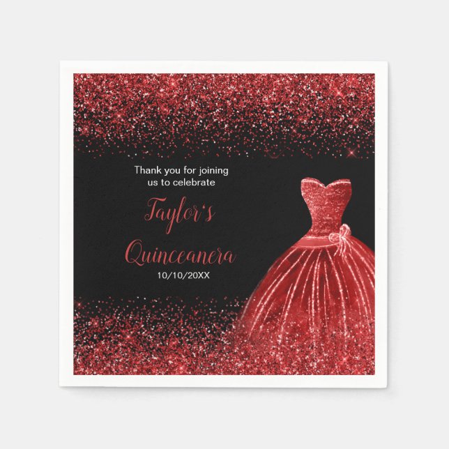 Quinceanera Bright Red Faux Glitter Napkins (Front)
