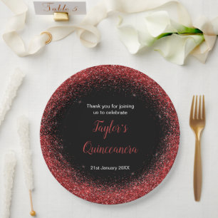 Quinceanera Bright Red Faux Glitter Paper Plates