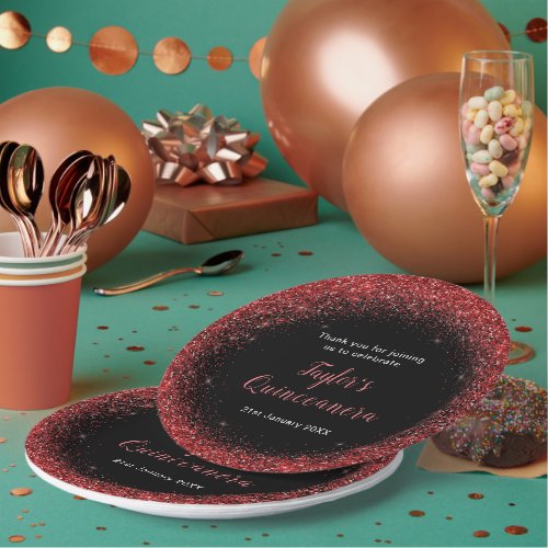 Quinceanera Bright Red Faux Glitter Paper Plates