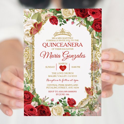 Quinceaera Bright Red  Gold Crown Butterfly Invitation