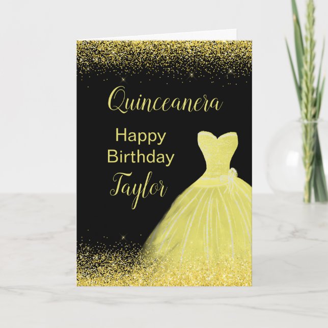 Quinceanera Bright Yellow Dress Faux Glitter Card (Front)