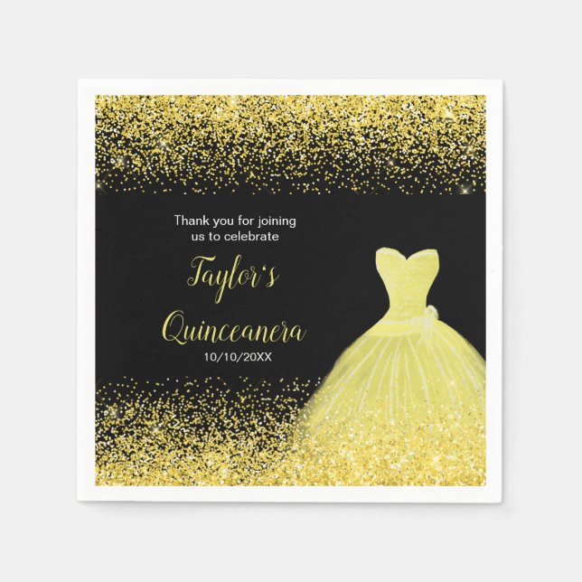 Quinceanera Bright Yellow Faux Glitter Napkins (Front)