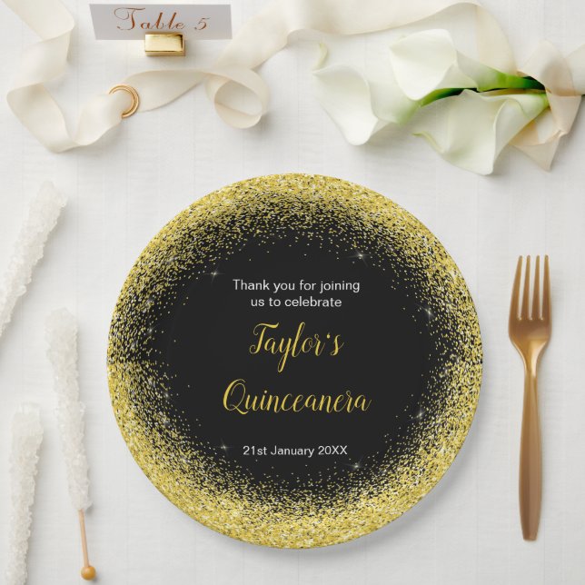 Quinceanera Bright Yellow Faux Glitter Paper Plates (Wedding)