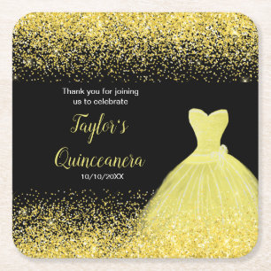 Quinceanera Bright Yellow Faux Glitter Square Paper Coaster