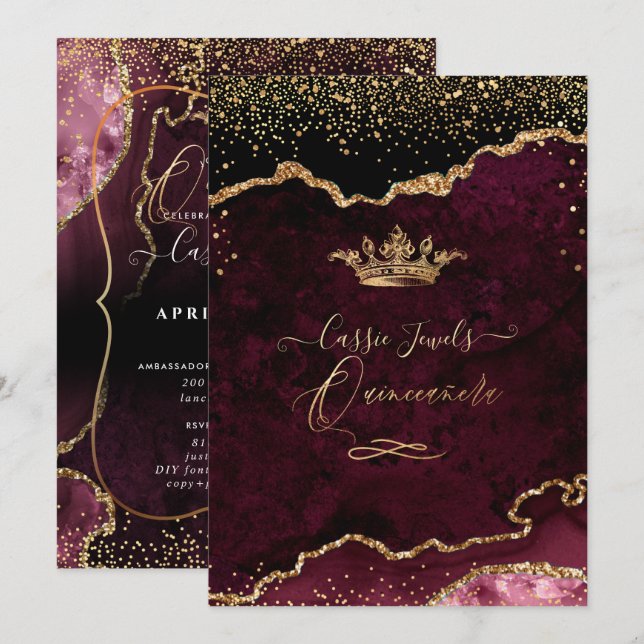 Quinceanera, Burgundy Agate Faux Gold Confetti Invitation (Front/Back)