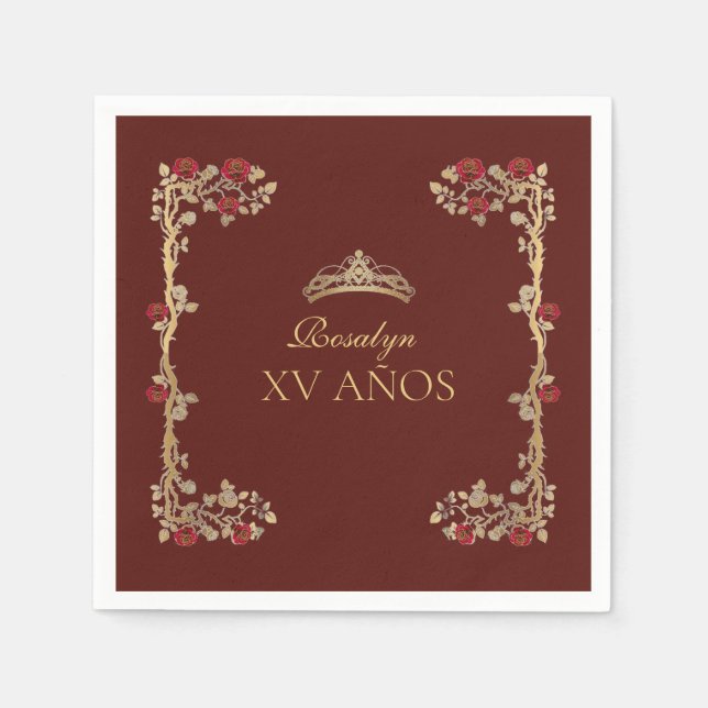 Quinceanera Burgundy and Gold  Napkins (Front)