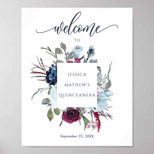 Quinceaera Burgundy Berry  Blue Welcome Sign