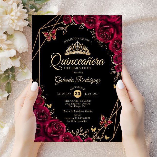Quinceanera Burgundy Black Gold Floral Invitation (Creator Uploaded)