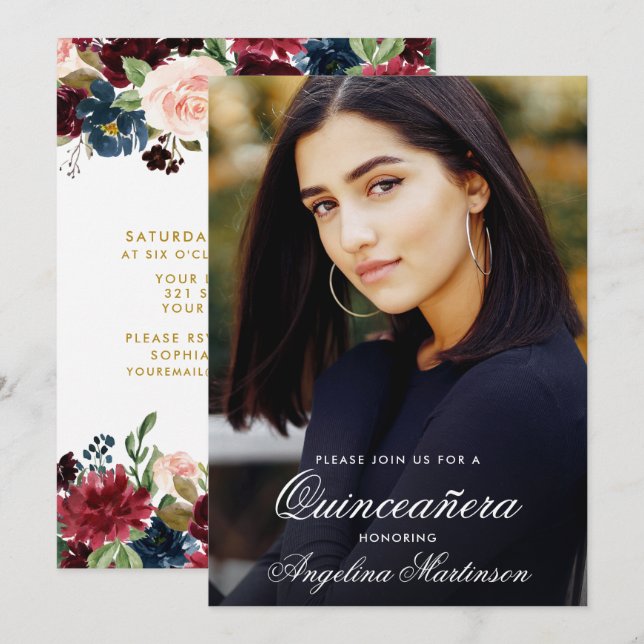Quinceanera Burgundy Blue Pink Floral Photo Invitation (Front/Back)
