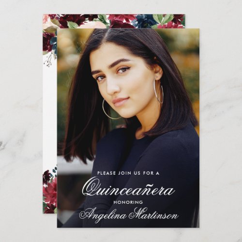 Quinceanera Burgundy Blue Pink Floral Photo Invitation