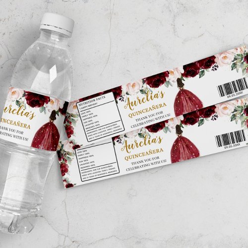 Quinceaera Burgundy Blush Floral 16th Birthday  Water Bottle Label