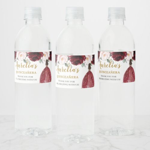 Quinceaera Burgundy Blush Floral Birthday Favor Water Bottle Label