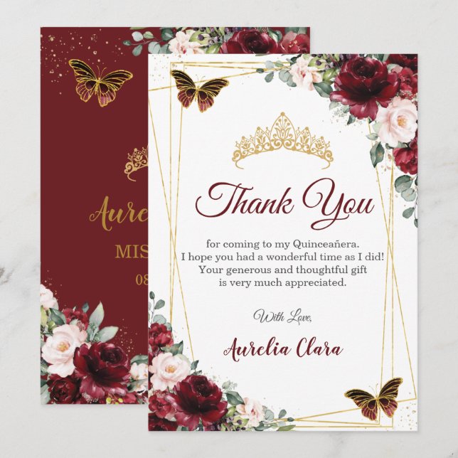 Quinceañera Burgundy Blush Floral Butterflies  Thank You Card (Front/Back)