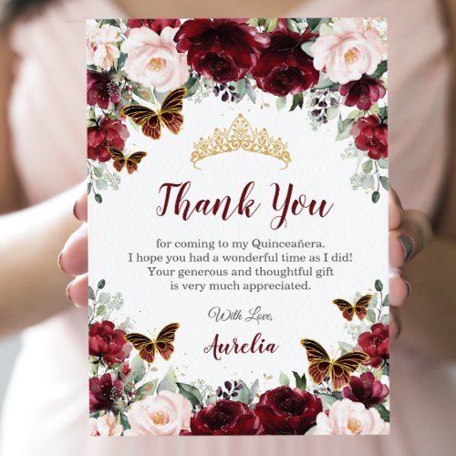 Quinceaera Burgundy Blush Floral Butterflies  Thank You Card