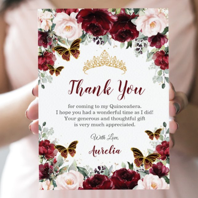 Quinceañera Burgundy Blush Floral Butterflies  Thank You Card (Creator Uploaded)